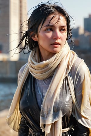 low quality photo, film grain, blur, A wet woman wrapped in a cream-colored wet scarf, with a wet black overcoat draped over her wet shoulders. Her gaze is pensive, her wet black hair tousled by the wind, wet bare face, against an urban backdrop, sunlit face,girlvn,wet korean girl,more detail XL,soakingwetclothes