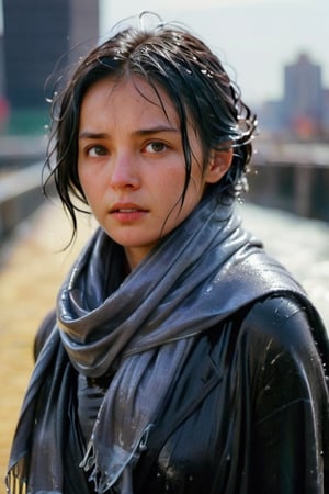 low quality photo, film grain, blur, A wet woman wrapped in a heavy wet wool scarf, wool scarf,  with a wet black overcoat draped over her wet shoulders. Her gaze is pensive, her wet black hair tousled by the wind, wet bare face, against an urban backdrop, sunlit face,girlvn,wet korean girl,more detail XL,soakingwetclothes