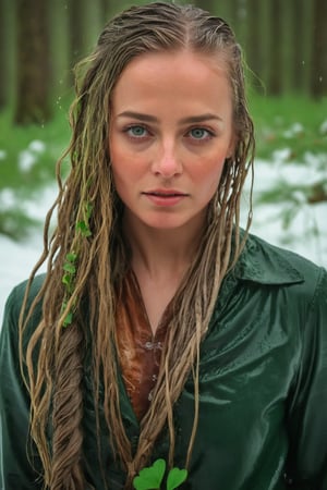 35 year old wet female leprechaun in a lush snowy forest at sunrise, long flowing wet braided hair, warmth, determination, poise, eyes glimmering with warm hues, wet clothes adorned with a geometric four leaf clover pattern, perfect eyes, perfect anatomy, artistic composition, masterpiece quality, high-detail, realistic skin texture, captured with Sony A7R IV, Sony FE 50mm f/1.2 GM lens, bathed in warm natural light, ultra-realistic,soakingwetclothes