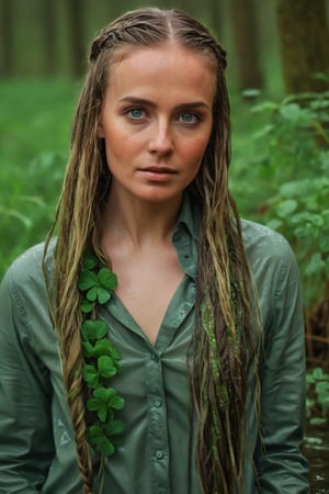 35 year old wet female leprechaun in a lush snowy forest at sunrise, long flowing wet braided hair, warmth, determination, poise, eyes glimmering with warm hues, wet clothes adorned with a geometric four leaf clover pattern, perfect eyes, perfect anatomy, artistic composition, masterpiece quality, high-detail, realistic skin texture, captured with Sony A7R IV, Sony FE 50mm f/1.2 GM lens, bathed in warm natural light, ultra-realistic,soakingwetclothes