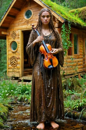 1 girl,wet Druidas,holding wet Ancient violin,
Picture an ancient wet Celtic female wet druid, adorned in flowing wet robes of earthy tones, adorned with intricate Celtic symbols and patterns,
 dwelling in a small log house hidden within the forest depths,aesthetic,soakingwetclothes