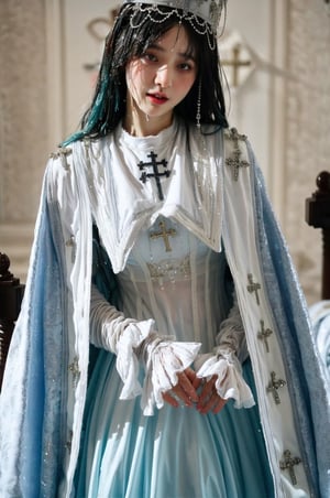 eyeliner, (long icy blue hair), curvy, wearing garb_g1, elaborate brocade A Line corset gown and robe, crystals, charms, rhinestone crosses, embroidery, bib, full neckline, full length skirt, frills, headdress with dangling beads, , church, praying,garb_g1,photorealistic, ,SoakingWetClothes, (( wet clothes, wet hair, wet girl, in water, soaked, face focused:1.3))