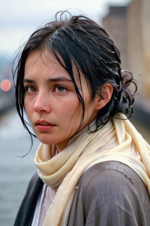 low quality photo, film grain, blur, A wet woman wrapped in a cream-colored wet wool scarf, wool scarf,  with a wet black overcoat draped over her wet shoulders. Her gaze is pensive, her wet black hair tousled by the wind, wet bare face, against an urban backdrop, sunlit face,girlvn,wet korean girl,more detail XL,soakingwetclothes