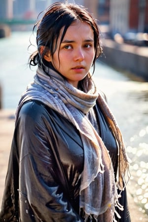 low quality photo, film grain, blur, A wet woman wrapped in a heavy wet wool scarf, wool scarf,  with a wet black overcoat draped over her wet shoulders. Her gaze is pensive, her wet black hair tousled by the wind, wet bare face, against an urban backdrop, sunlit face,girlvn,wet korean girl,more detail XL,soakingwetclothes