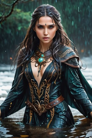 captivating depiction of a wet woman dressed in ancient wet Viking gothic gown. Her stunning wet  figure is adorned with intricate Viking wet  clothing cloak and accessories, showcasing the rich history and unique style of this ancient civilisation. The wet woman's beautiful, Scandinavian wet face radiates confidence and attractiveness, reflecting the strength and resilience of Viking wet women. Her flowing, uncombed wet hair cascades around her, emphasising her wild and independent spirit. The composition emphasises the beauty of her wet body and wet facial features, capturing the intricate details of her wet outfit, from the fur-trimmed cloak to the intricate woven patterns. As a whole, the image exudes a sense of strength, beauty and grace, celebrating the timeless elegance of Viking culture.,soakingwetclothes