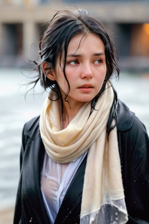 low quality photo, film grain, blur, A wet woman wrapped in a cream-colored wet wool scarf, wool scarf,  with a wet black overcoat draped over her wet shoulders. Her gaze is pensive, her wet black hair tousled by the wind, wet bare face, against an urban backdrop, sunlit face,girlvn,wet korean girl,more detail XL,soakingwetclothes