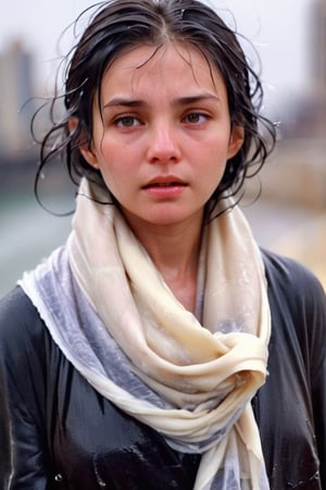 low quality photo, film grain, blur, A wet woman wrapped in a cream-colored wet winter scarf, with a wet black overcoat draped over her wet shoulders. Her gaze is pensive, her wet black hair tousled by the wind, wet bare face, against an urban backdrop, sunlit face,girlvn,wet korean girl,more detail XL,soakingwetclothes