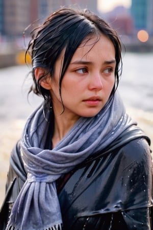 low quality photo, film grain, blur, A wet woman wrapped in a heavy wet wool scarf, wool scarf,  with a wet black overcoat draped over her wet shoulders. Her gaze is pensive, her wet black hair tousled by the wind, wet bare face, against an urban backdrop, sunlit face,girlvn,wet korean girl,more detail XL,soakingwetclothes