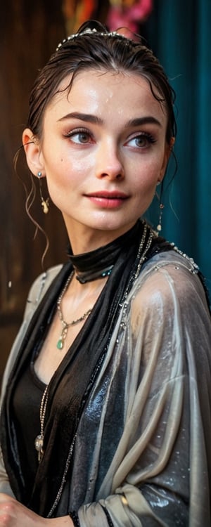 (Young Audrey Hepburn, Wet, soaked, wet hair, wet skin, wet body, giving speech , wool
Sweater shawl, beautiful and aesthetic:1.4), create a minimalist image of a beautiful wet young audrey Hepburn having coffee in a restaurant , 21yo, azure eyes,eye contact, glowing wet black hair, kind smile, bliss vibes, realistic detalied wet mediaval ballgown shawl, necklace, earrings,wet chokcer, wet goth style,colorful, vibrant colors, well lit background,soakingwetclothes,18thcentury, jewellery 