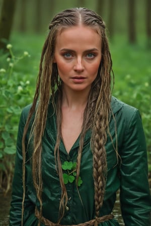 35 year old wet female leprechaun in a lush snowy forest at sunrise, long flowing wet braided hair, warmth, determination, poise, eyes glimmering with warm hues, wet clothes adorned with a geometric four leaf clover pattern, perfect eyes, perfect anatomy, artistic composition, masterpiece quality, high-detail, realistic skin texture, captured with Sony A7R IV, Sony FE 50mm f/1.2 GM lens, bathed in warm natural light, ultra-realistic,soakingwetclothes