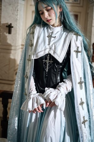 eyeliner, (long icy blue hair), curvy, wearing garb_g1, elaborate brocade A Line corset gown and robe, crystals, charms, rhinestone crosses, embroidery, bib, full neckline, full length skirt, frills, headdress with dangling beads, , church, praying,garb_g1,photorealistic, ,SoakingWetClothes, (( wet clothes, wet hair, wet girl, in water, soaked))