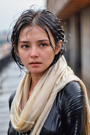 low quality photo, film grain, blur, A wet woman wrapped in a cream-colored wet scarf, with a wet black coat draped over her wet shoulders. Her gaze is pensive, her wet black hair tousled by the wind, wet bare face, against an urban backdrop, sunlit face,girlvn,wet korean girl,more detail XL,soakingwetclothes