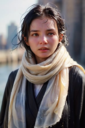 low quality photo, film grain, blur, A wet woman wrapped in a cream-colored wet wool scarf, wool scarf,  with a wet black overcoat draped over her wet shoulders. Her gaze is pensive, her wet black hair tousled by the wind, wet bare face, against an urban backdrop, sunlit face,girlvn,wet korean girl,more detail XL,soakingwetclothes