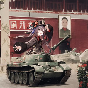 1girl, hutao_genshin, tank, hu tao in a tank, china, communism, masterpiece,