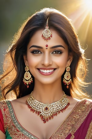 Create a yourself as indian female beauty, high detailed,  chromatic_background, photo realistic, high quality,big smile, wide range of colours.,photo r3al,detailmaster2,((full bady shot)),jewellery,,high heels,gray eyes,great eye details,sun rays,