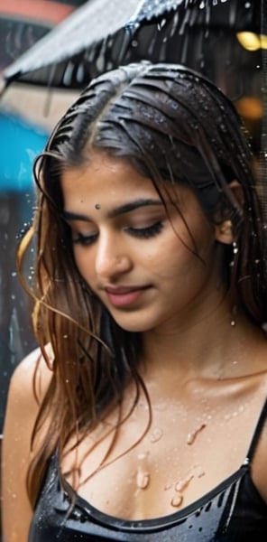 lovely cute young attractive indian teenage girl in a black crop top,  18 years old,  cute,  an Instagram model,   going to hug you,,long blonde_hair,  brown colorful hair,  winter,  sitting outside a coffee shop in rain,  wet body, brigite bardot in the rain,  hair on her wet face , Indian, rain-soaked hair clinging to his forehead like in shower Realistic Photograph with a 40mm lens,  focusing on skin and  every raindrop. wet clothes,  rain drop visible and clear, looking stunning, attractive
