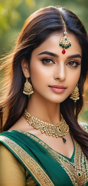 Create a yoursself as female beauty, high detailed, nature background, indian girl,  with jewleary,  photo realistic, high quality,ssmiling, instagram model, wide range of colours.,photo r3al,detailmaster2