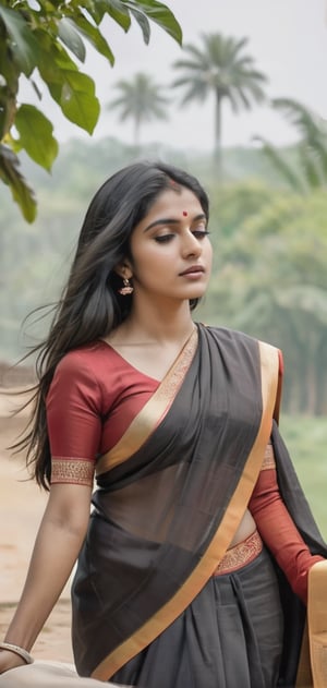 beautiful indian girl enjoying nature in village, very long black hair, no make uo, natural beauty, brown eyes,attractive,wearing indian saree,inst4 style,aesthetic portrait, Sleeping on a bed