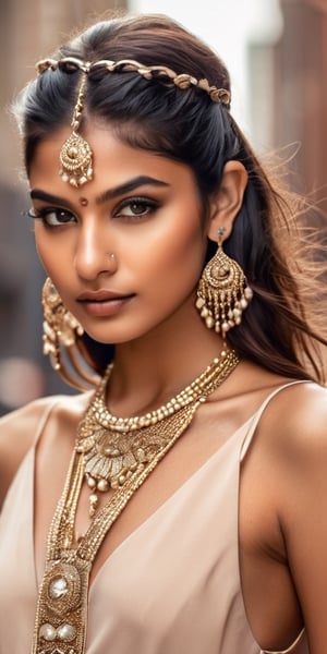 Generate hyper realistic image of a young beautiful indian woman with elegant, cat-like facial features, adorned with feline-themed jewelry and dressed in a sophisticated yet modern outfit, posing in a sleek, art deco-inspired urban environment.Extremely Realistic, up close,  tall, instagram model, cover page photo