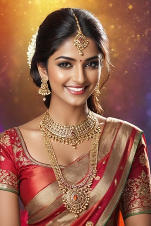 Create a yourself as indian female beauty, high detailed,  chromatic_background, photo realistic, high quality,big smile, wide range of colours.,photo r3al,detailmaster2,((full bady shot)),jewellery,,high heels,gray eyes,great eye details,sun rays,