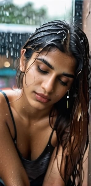 lovely cute young attractive indian teenage girl in a black crop top,  18 years old,  cute,  an Instagram model,   going to kiss you,,long blonde_hair,  brown colorful hair,  winter,  sitting outside a coffee shop in rain,  wet body, brigite bardot in the rain,  hair on her wet face , Indian, rain-soaked hair clinging to his forehead like in shower Realistic Photograph with a 40mm lens,  focusing on skin and  every raindrop. wet clothes,  rain drop visible and clear, looking stunning, attractive
