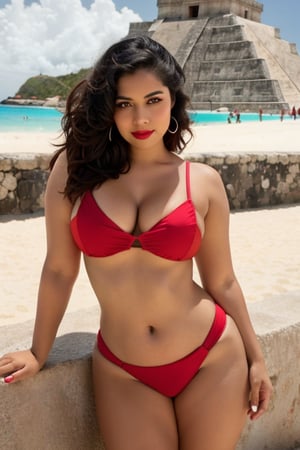 A sultry Latina stands confidently in front of a majestic Mexican pyramid, tropical location, cancun, posing for a sizzling selfie. She wears revealing sexy clothes that accentuate her curves, her gaze directed straight at the camera with a hint of mischief. emphasizing her exotic beauty as she basks in the grandeur of ancient civilization, labios gruesos, maquillaje oscuro, labios rojos, mirada provocativa