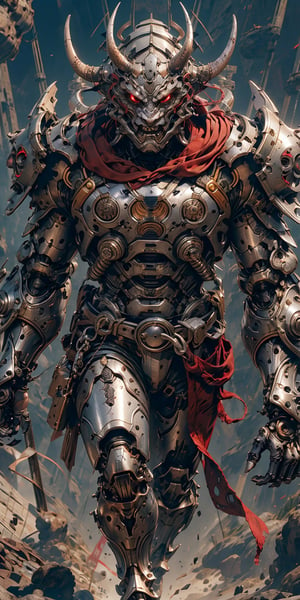 Extreme Detailed,Solo､man wearing Extreme Detailed high-tech Medieval Armor,((oni style))､No human,oni mask,large oni horn,
mechanical high-tech Futuristic Maximillian armour,metallic RED and silver color､full Face armour,combination sallet and bevor helm,full body shot､
,mecha,r1ge