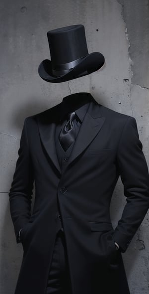 (Invisible mam:1.2), portrait, in a black suit, black coat, long coat, black top hat on his head, black trousers,allblacksuit, detailed 