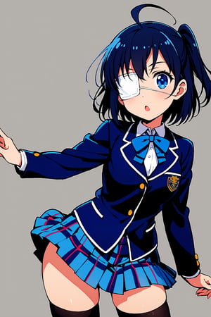 1girl, solo, looking at viewer, short hair, open mouth, blue eyes, skirt, black hair, thighhighs, school uniform, blue hair, jacket, ahoge, black thighhighs, :o, zettai ryouiki, plaid, one side up, plaid skirt, eyepatch, blazer, medical eyepatch, icho private high school uniform, takanashi rikka