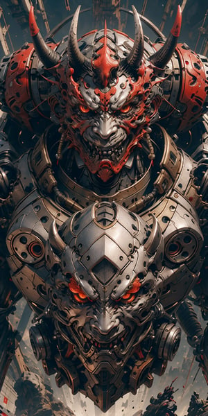 Extreme Detailed,Solo､man wearing Extreme Detailed high-tech Medieval Armor,((oni style))､No human,oni mask,large oni horn,
mechanical high-tech Futuristic Maximillian armour,metallic RED and silver color､full Face armour,combination sallet and bevor helm,full body shot､
,mecha,r1ge