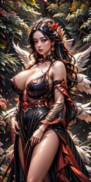 best quality,  high resolution,  8k, (nsfw:1.6), masterpiece, (two big real angel wings:1.4) realistic,  sharp focus,  photorealistic image of a beautiful black-haired lady queen in the secret garden amongst ruins and flowers and trees,  55 years old,  full body,  big natural boobs,  this queen wearing black and red dress,  red fur trim,  wide sleeves,  gloves,  shiny skin,  reflection,  far camera shoot,  blurry_light_background,  1 girl,  yuzu,  ,  ,  
, , , , , 
