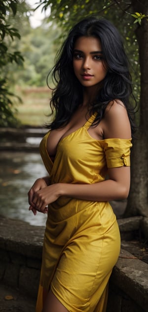 beautiful sri lankan women enjoying nature in village, very long jet black hair, no makeup,  natural beauty,  blue eyes,  large-sized breasts,  deep cleavage,  attractive,  wearing old European night light yellow dress,  inst4 style,  aesthetic portrait, , , , , 
