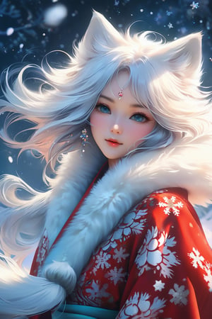 the fur beautiful, body, full body, hairyskin,fantasy, subsurface scattering, perfect anatomy,  glow, bloom, Bioluminescent liquid,china style,Movie Still, royal color, vibrant, volumetric light (masterpiece, top quality, best quality, official art, beautiful and aesthetic:1.2), (1girl),extreme detailed,(abstract, fractal art:1.3),colorful hair,highest detailed, detailed_eyes,snowflakes, ice crystals, light_particles,snow fox girl, babyface, perfect body, five fingers, perfect hands, anatomically perfect body, sexy posture,(aqua eyes), (white hair), long straight hair, wear semi-transparent red night dress very loose and slovenly, luxury kimono, ((model pose)), fur trim, wide sleeves, gloves, jacket, barefeet, beautiful white fox tail, fox, dance Stance,dynamic angle,depth of field, hyper detailed, highly detailed, beautiful, small details, ultra detailed, best quality, 4k,(whole body),spirit fox Pendant,mythical clouds,Xxmix_Catecat,cat