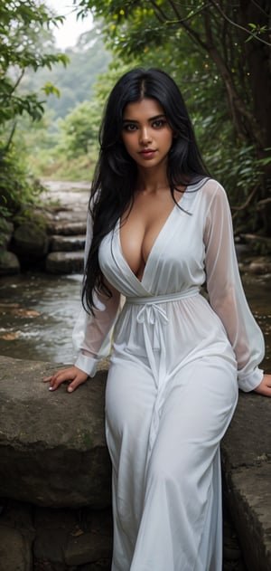 beautiful sri lankan women enjoying nature in village, very long jet black hair, no makeup,  natural beauty,  blue eyes,  large-sized breasts,  deep cleavage,  attractive,  wearing old white Kandyan dress,  inst4 style,  aesthetic portrait, , , , , 
