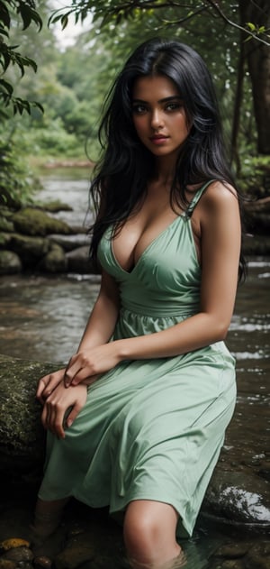 beautiful sri lankan women enjoying nature in village, very long jet black hair, no makeup,  natural beauty,  blue eyes,  large-sized breasts,  deep cleavage,  attractive,  wearing old European night green and white dress,  inst4 style,  aesthetic portrait, , , , , 
