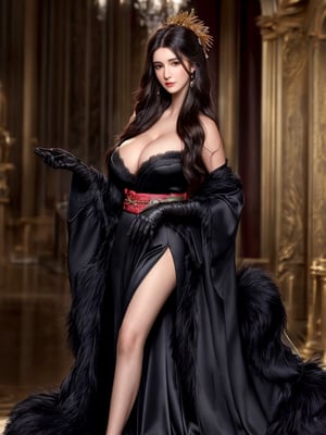 ultra Realistic,  high-Detailed beautiful face,  young middle eastern girl,  dark skin,  black long hair,  full body,  perfect Face,  (Gigantic breast),  (show beautiful cleavage),  wear semi-transparent black night dress very loose and slovenly,  luxury kimono,  ((model pose)),  fur trim,  wide sleeves,  gloves,  jacket,  luxury kimono,  European antique room background,  p3rfect boobs,  cleavage,  perfecteyes,  ,  ,  ,  ,  
, 
