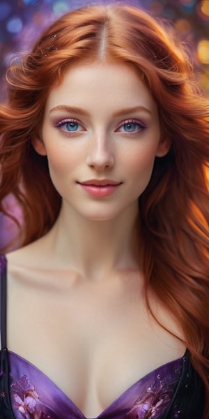 an enchanting portrait of a beautiful young woman with red and brown hair,  full body,  medium breast,  looking at the viewer. clear face without artefacts,  beautiful realistic violet eyes,  wearing strap black dress,  medium perky breasts,  violet hue aura around her body,  (she looks at the viewer and smiles:1,  4),  darker bokeh background,  high detailed,  photo,  aquarelle by Anna Dittmann,  Botticelli,  Picasso,  Caspar David Friedrich,  Meghan Duncanson,  Didier Lourenço and Daniel Merriam,  highly detailed,  intricate,  imperial colours,  cinematic postprocessing,  Miki Asai Macro photography,  close-up,  hyper detailed,  trending on artstation,  sharp focus,  studio photo,  intricate details,  highly detailed,  by greg rutkowski, , , , , 
