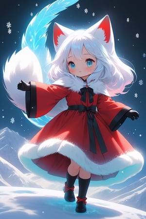 the fur beautiful, body, full body, hairyskin,fantasy, subsurface scattering, perfect anatomy,  glow, bloom, Bioluminescent liquid,china style,Movie Still, royal color, vibrant, volumetric light (masterpiece, top quality, best quality, official art, beautiful and aesthetic:1.2), (1girl),extreme detailed,(abstract, fractal art:1.3),colorful hair,highest detailed, detailed_eyes,snowflakes, ice crystals, light_particles,snow fox girl,babyface, perfect body, five fingers, perfect hands, anatomically perfect body, sexy posture,(aqua eyes),(white hair), long straight hair,wearing black and red dress, fur trim, wide sleeves, gloves, red cape, barefeet, fox, dance Stance,dynamic angle,depth of field, hyper detailed, highly detailed, beautiful, small details, ultra detailed, best quality, 4k,(whole body),spirit fox Pendant,mythical clouds,Xxmix_Catecat,cat
