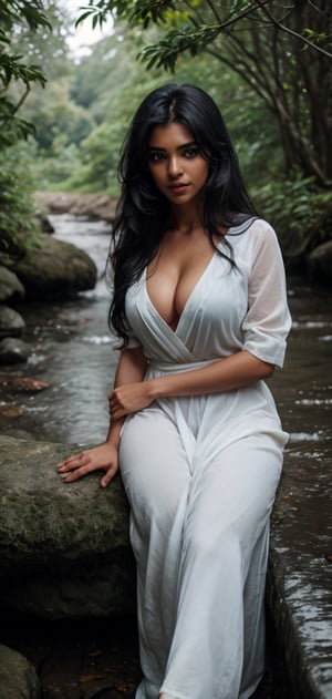 beautiful sri lankan women enjoying nature in village, very long jet black hair, no makeup,  natural beauty,  blue eyes,  large-sized breasts,  deep cleavage,  attractive,  wearing old white kandyan dress,  inst4 style,  aesthetic portrait, , , , , 
