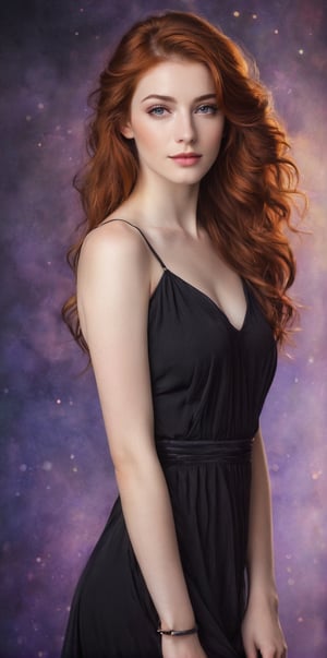 an enchanting portrait of a beautiful young woman with red and brown hair,  full body,  medium breast,  looking at the viewer. clear face without artefacts,  beautiful realistic violet eyes,  wearing strap black dress,  medium perky breasts,  violet hue aura around her body,  (she looks at the viewer and smiles:1,  4),  darker bokeh background,  high detailed,  photo,  aquarelle by Anna Dittmann,  Botticelli,  Picasso,  Caspar David Friedrich,  Meghan Duncanson,  Didier Lourenço and Daniel Merriam,  highly detailed,  intricate,  imperial colours,  cinematic postprocessing,  Miki Asai Macro photography,  close-up,  hyper detailed,  trending on artstation,  sharp focus,  studio photo,  intricate details,  highly detailed,  by greg rutkowsk, , , , , 
