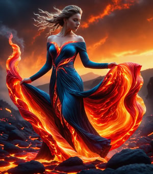 
Woman, long dress, entirely made of lava, shining with fire, flowing lava fabric, volcanic stone landscape, gloomy sky, dark rocks in the background, visual fusion of dress and lava, elegant silhouette, magical atmosphere, natural beauty, elemental splendor, fiery halo, dynamics and movement. picturesque scene, warm colors, frozen time.,ral-lava
