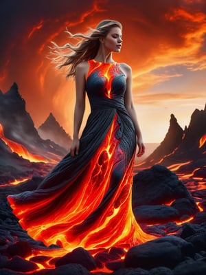 Woman, long dress, entirely made of lava, shining with fire, flowing lava fabric, volcanic stone landscape, gloomy sky, dark rocks in the background, visual fusion of dress and lava, elegant silhouette, magical atmosphere, natural beauty, elemental splendor, fiery halo, dynamics and movement. picturesque scene, warm colors, frozen time,ral-lava