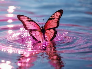pink, little wave, flash light, butterfly, close-up, glitter, the glare of the sun on the surface of the water.