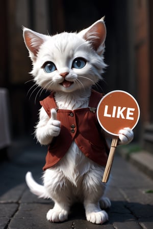 An analog raw photo of an anthropomorphic kitten, holding a 'I Like This' sign. Focus on natural allure with adorable, charming and lifelike, eyes 