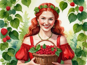 
woman in a red dress with a basket of raspberries, Slavic folk symbols, smiling girl, cheerful woman made of petals, Nordic summer, red hairband, with green ivy leaves, expressive happy complacent facial expression, Orthodoxy drawn in the style of Mark Arian, watercolor, areography