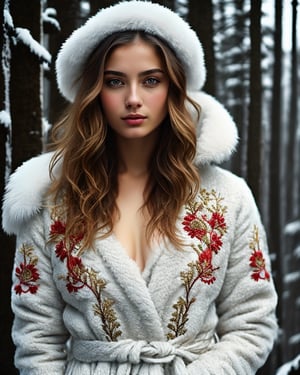 russian winter, (embroidery texture:1.2), sexy woman, portrait, russian motives, (natural skin:1.2), ultra detailed, Magical Realism