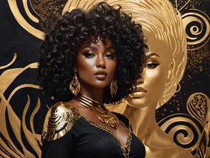 Splash art, acrylic painting, digital painting, young woman and black Panther, gold foil, curls, curls, golden light, shades of beige and brown, subtle details highlighted in black, Smoky ice makeup, ethno jewelry, boho style, safari outfit, fringe, abstract background in the style of Savannah, predatory prints, dynamics, wind, abstractionism, bright, detailed, contrasting.