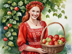 
woman in a red dress with a basket of apples, Slavic folk symbols, smiling girl, cheerful woman made of petals, Nordic summer, red hairband, with green ivy leaves, expressive happy complacent facial expression, Orthodoxy drawn in the style of Mark Arian, watercolor, areography