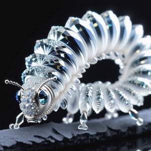 A clear white crystal caterpillar in swarovski style, high detail, detailed behance instagram underground 4k 