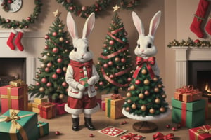 a picture of a bunny with a christmas tree, a pastel, 6 0 s, clock, anthropomorphic character, card, photo pinterest, kid a, wearing festive clothing, intricate image, ornament, paper, aspic, sweet, holiday, 27